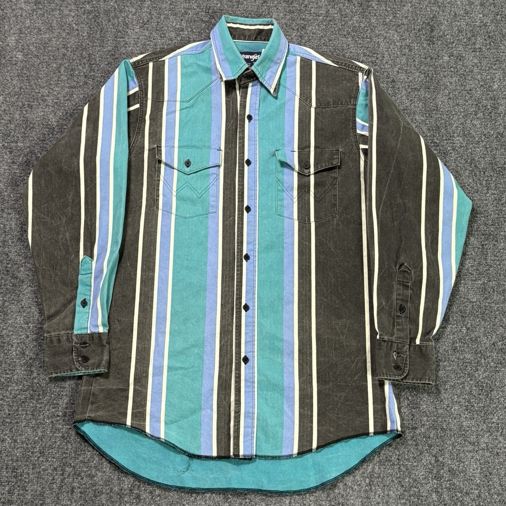Vintage 90s Wrangler Brushpopper Button Shirt Men 15.5-33 Black Blue Striped USA